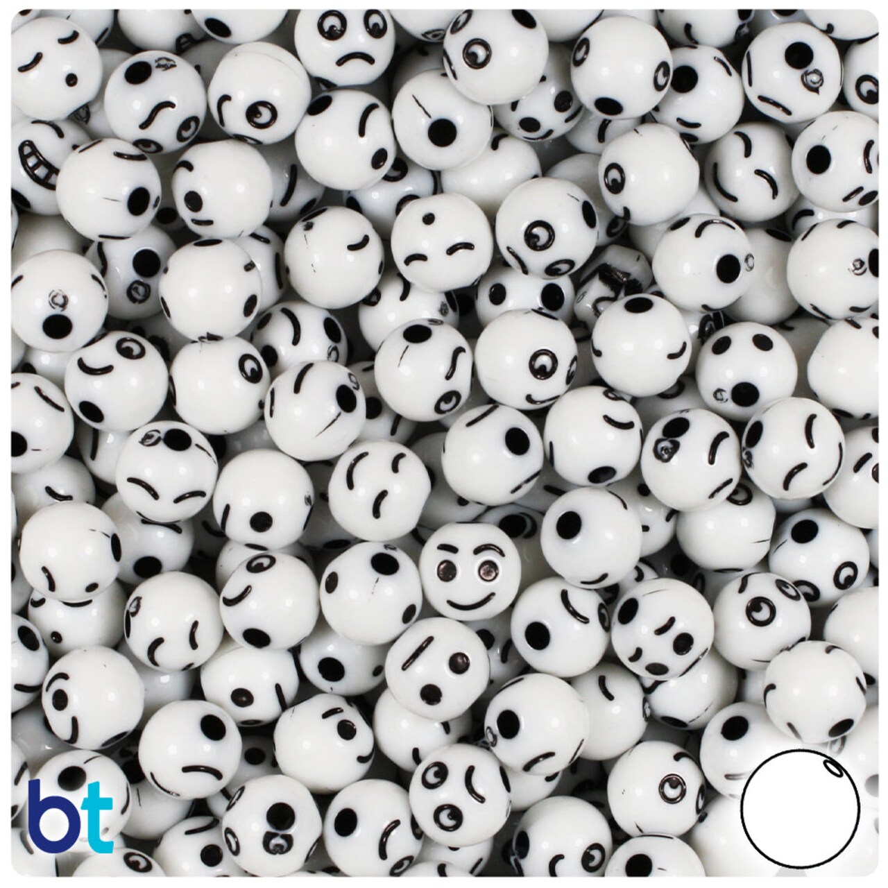 BeadTin White Opaque 8mm Round Plastic Alpha Beads - Black Faces (200pcs)